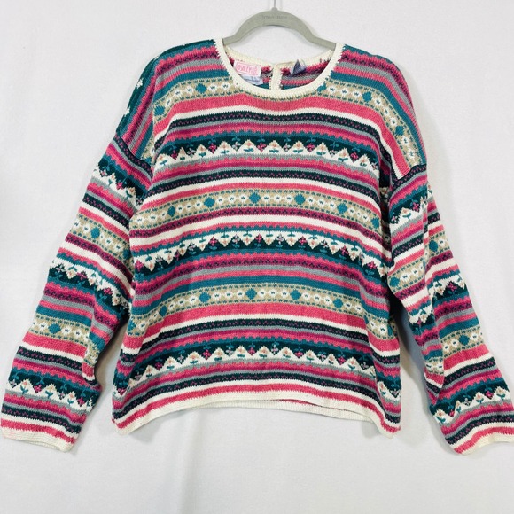 Ashley Hand Embroidered Women Sweater XL Pink Teal Striped Knit Vintage - Picture 1 of 8